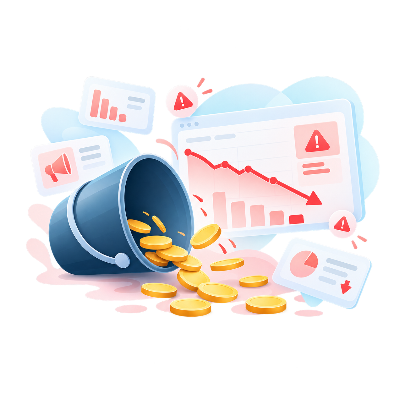 Illustration showing wasted Amazon advertising spend and declining performance.