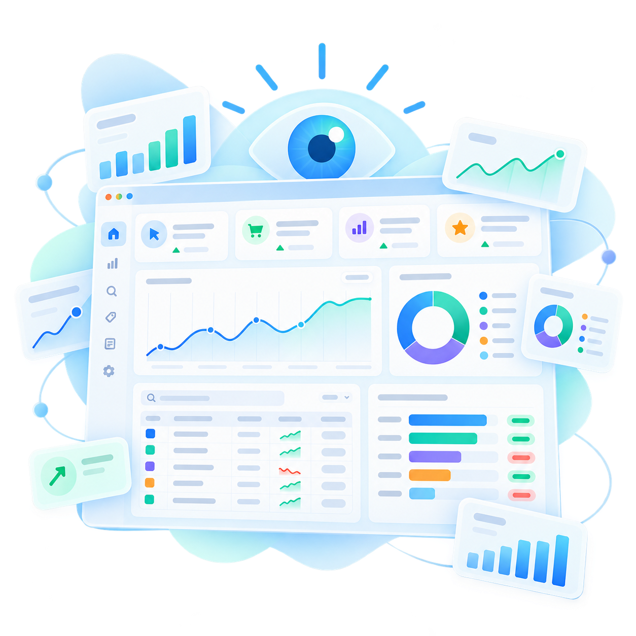 Illustration showing a unified analytics dashboard and full performance visibility.